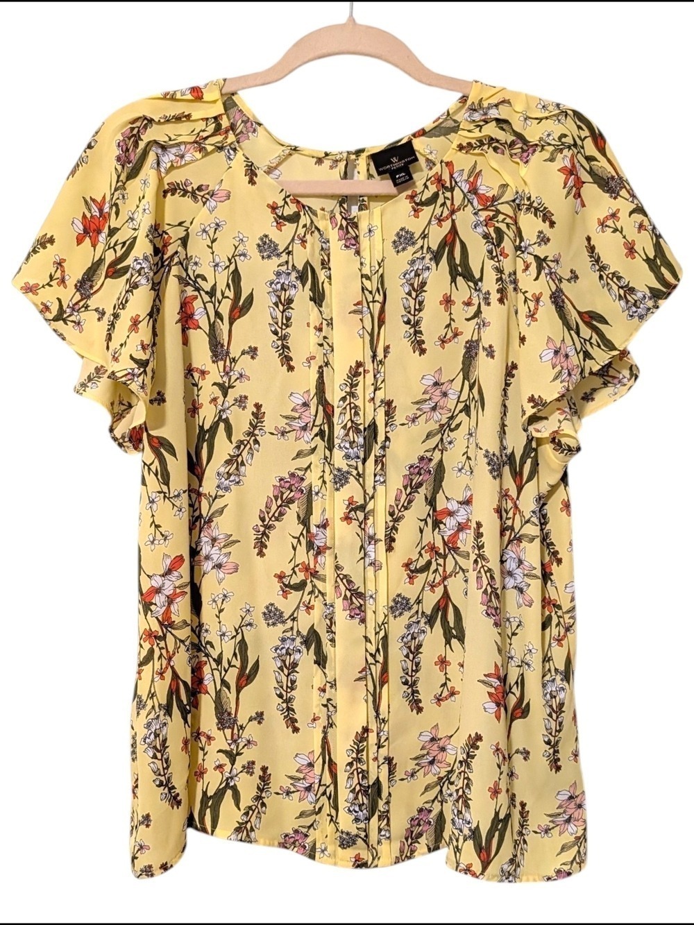 Worthington Yellow Floral Flutter-Sleeve Top
